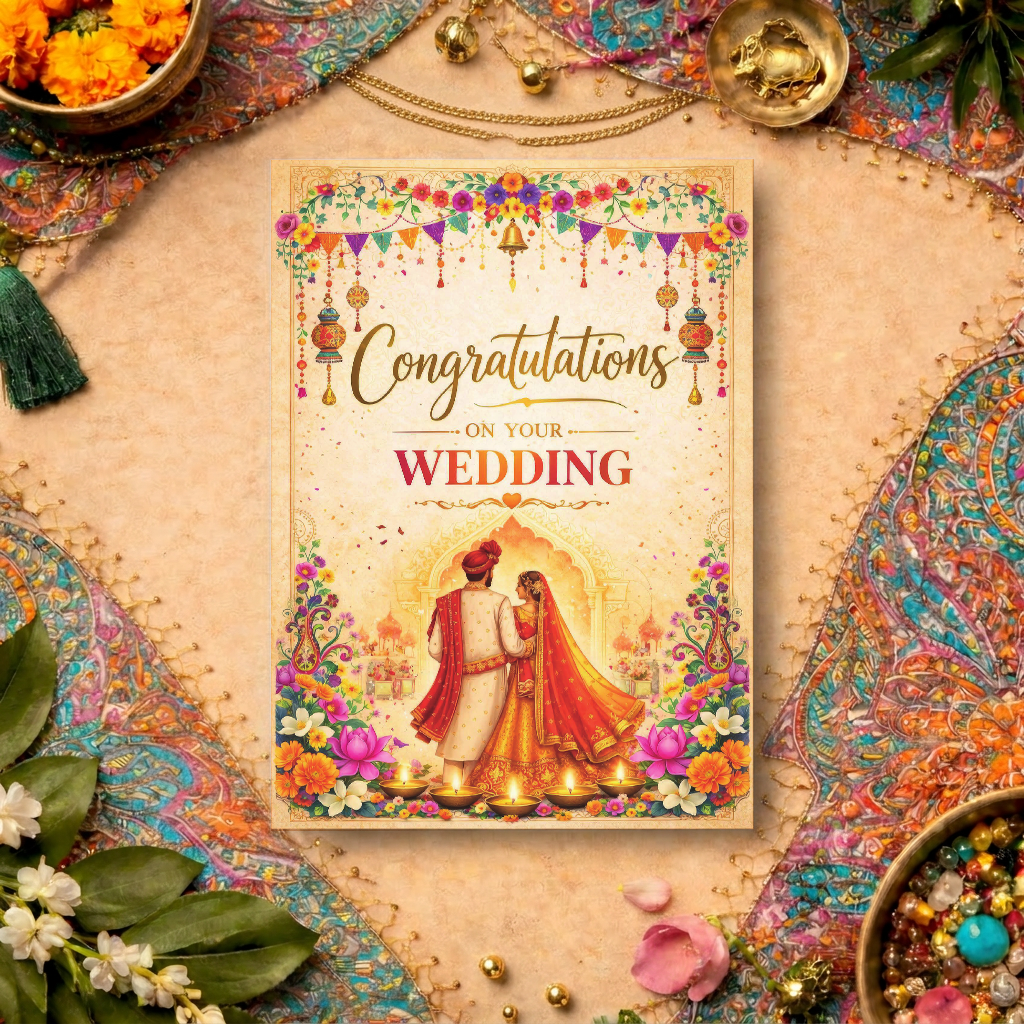 Flat lay of vibrant wedding congratulations card - illustrated South Asian couple surrounded by colourful flowers, lanterns and festive decorations.