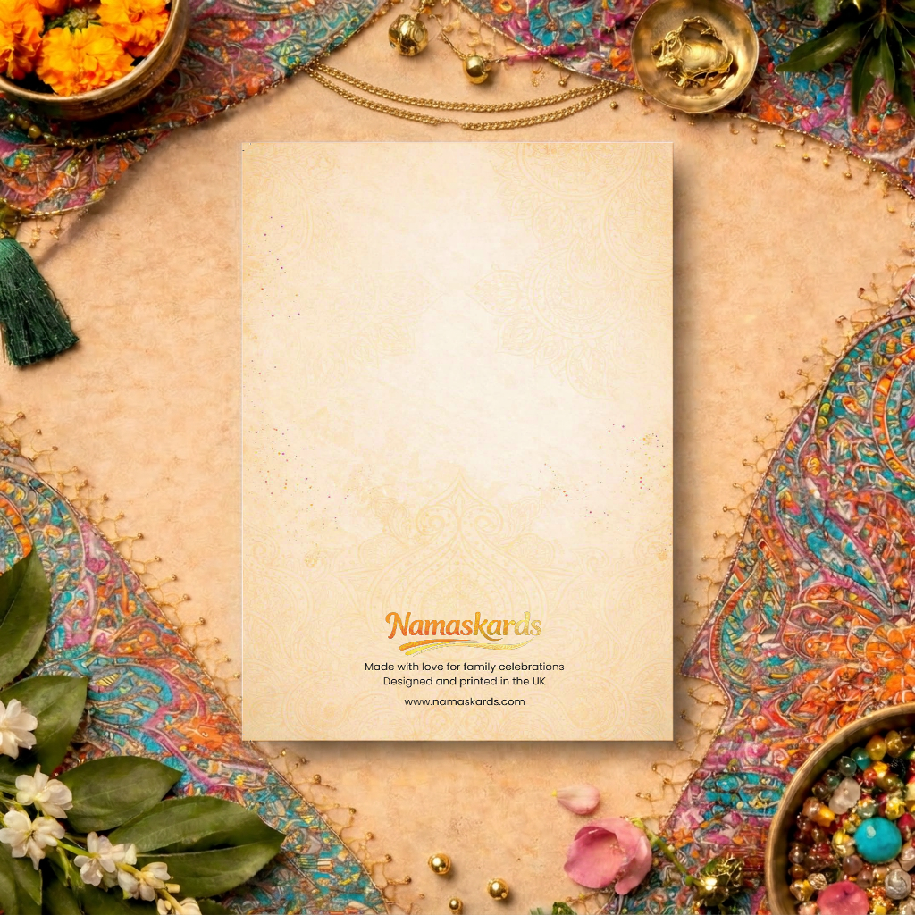 Back of Namaskards vibrant wedding card showing the Namaskards logo and "Made with love for family celebrations. Designed and printed in the UK."
