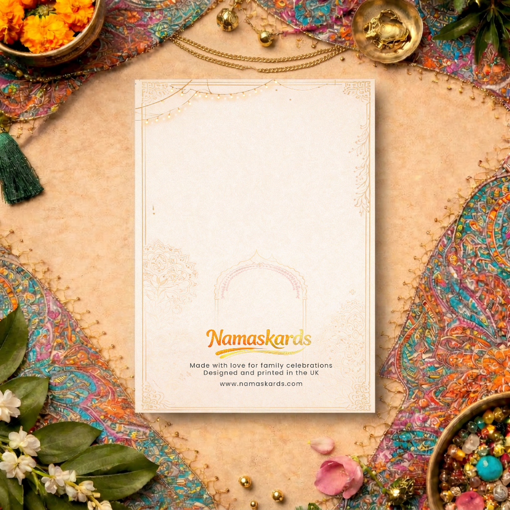 Back of Namaskards elegant wedding card showing the Namaskards logo and "Made with love for family celebrations. Designed and printed in the UK."