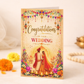 Congratulations on Your Wedding card - vibrant illustrated South Asian wedding scene with a couple in traditional attire, colourful floral bunting and festive decorations, styled on a South Asian flatlay.