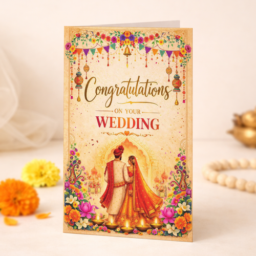 Congratulations on Your Wedding card - vibrant illustrated South Asian wedding scene with a couple in traditional attire, colourful floral bunting and festive decorations, styled on a South Asian flatlay.