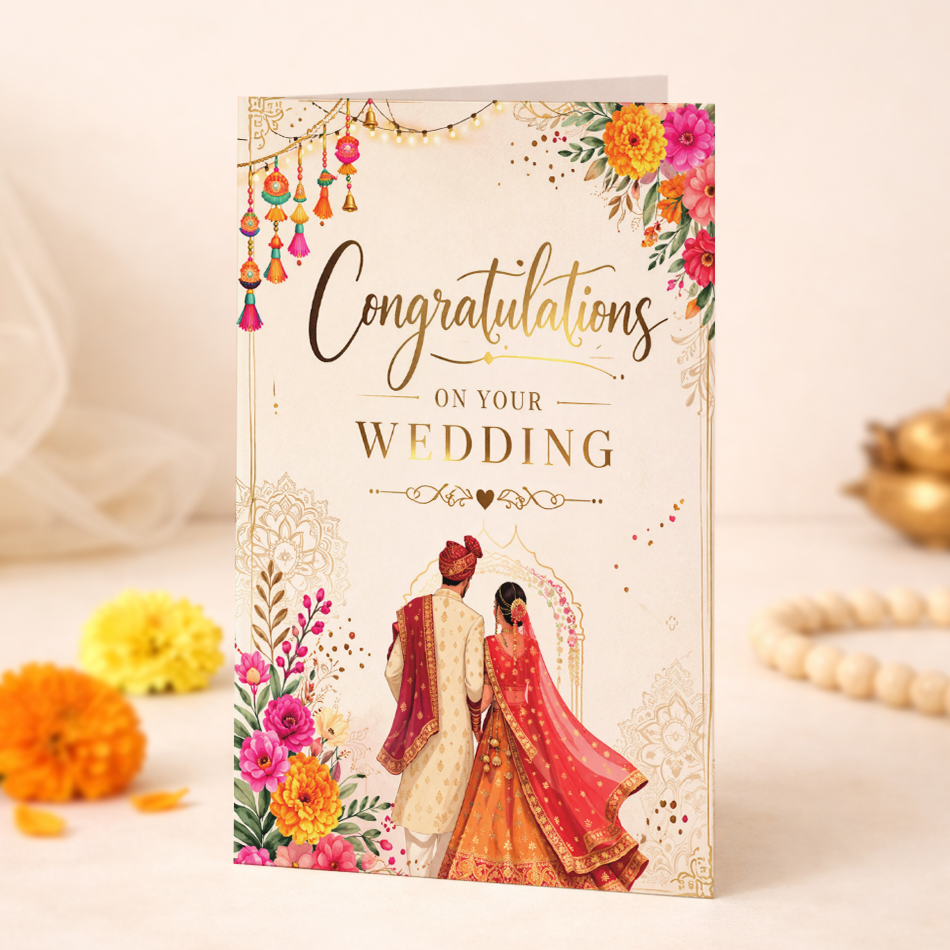 Wedding card with a couple in traditional attire and floral decorations on a light background.