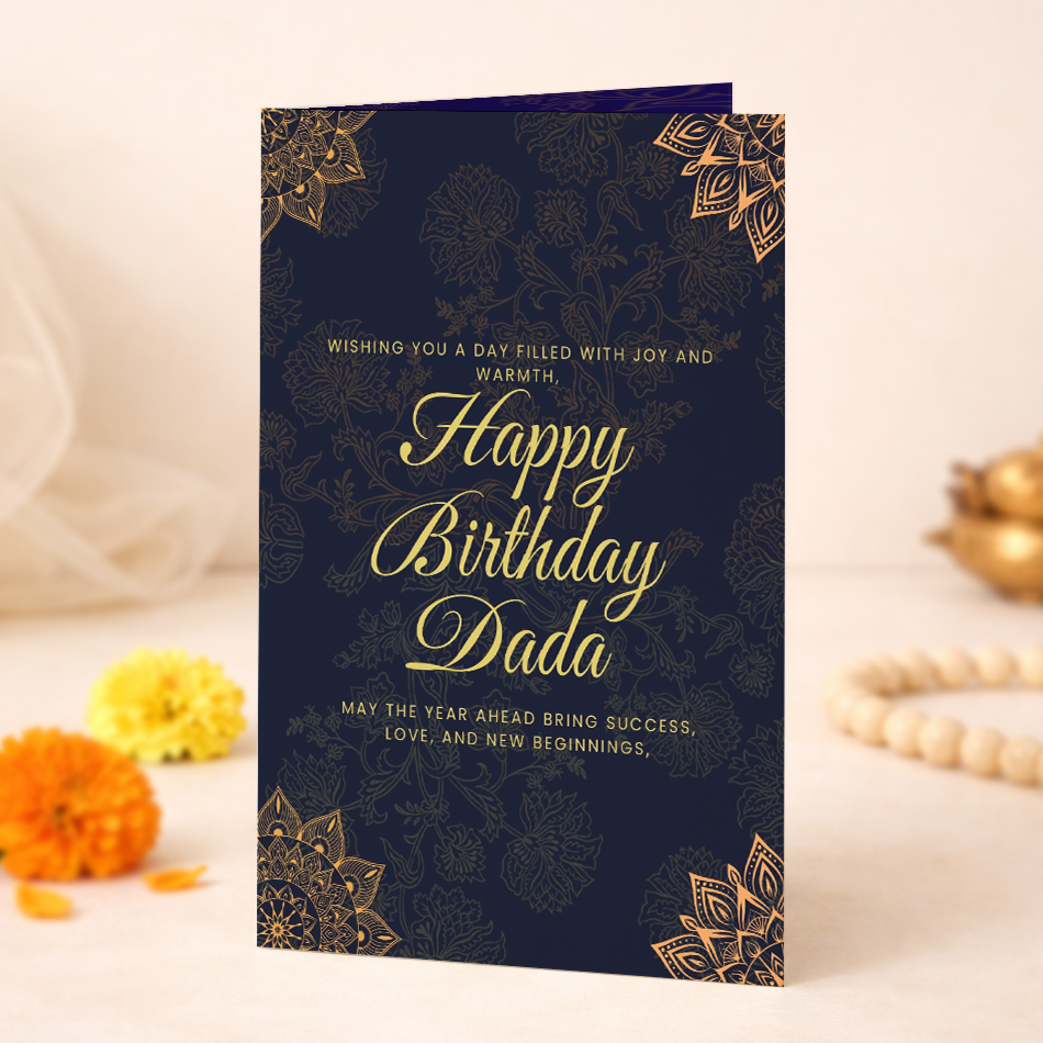 Happy Birthday Dada card from the Sampatti Series - deep navy card with gold corner mandalas and paisley design, styled with South Asian flatlay props.