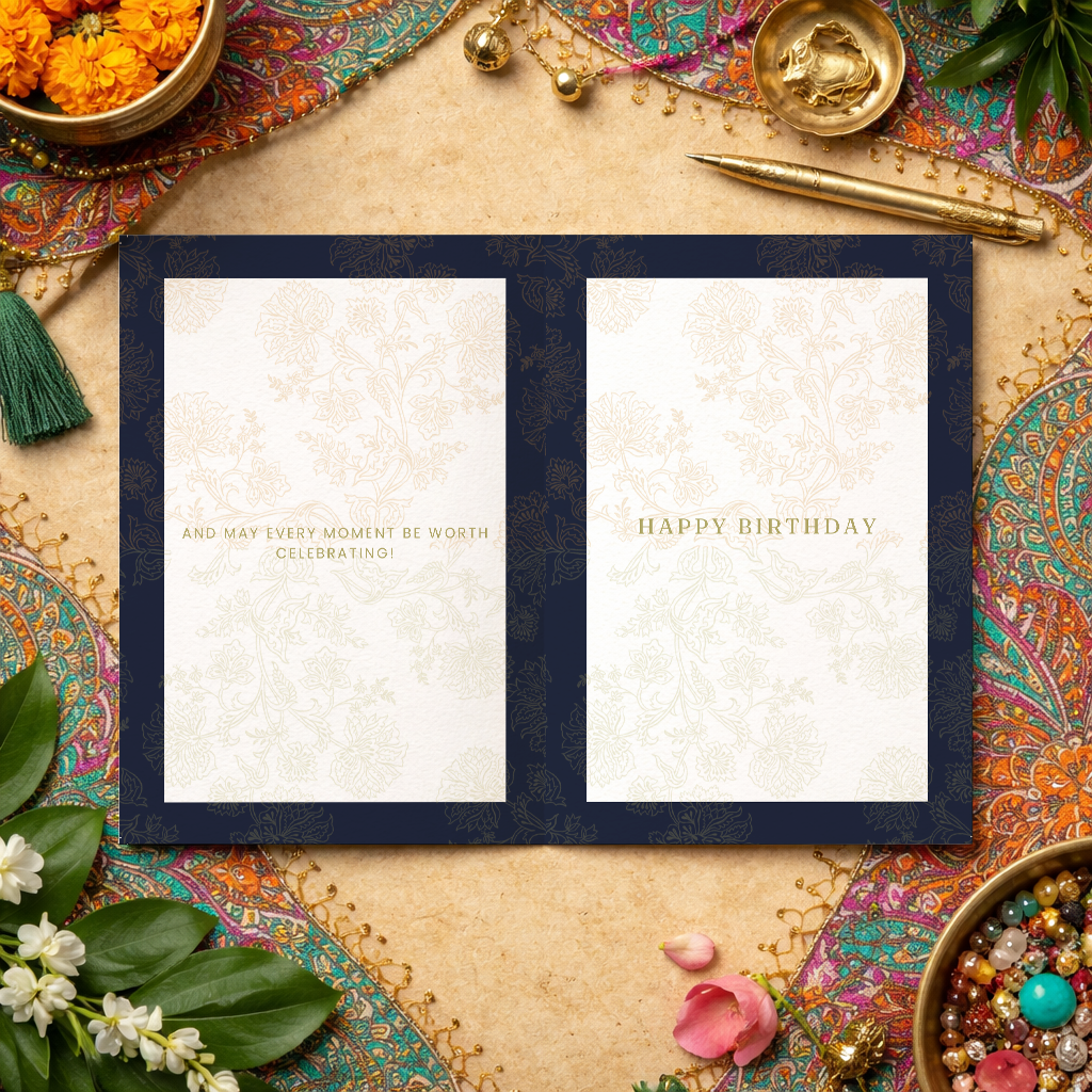Open Sampatti Series birthday card with navy cover and cream interior showing gold text: "May every moment be worth celebrating! Happy Birthday."