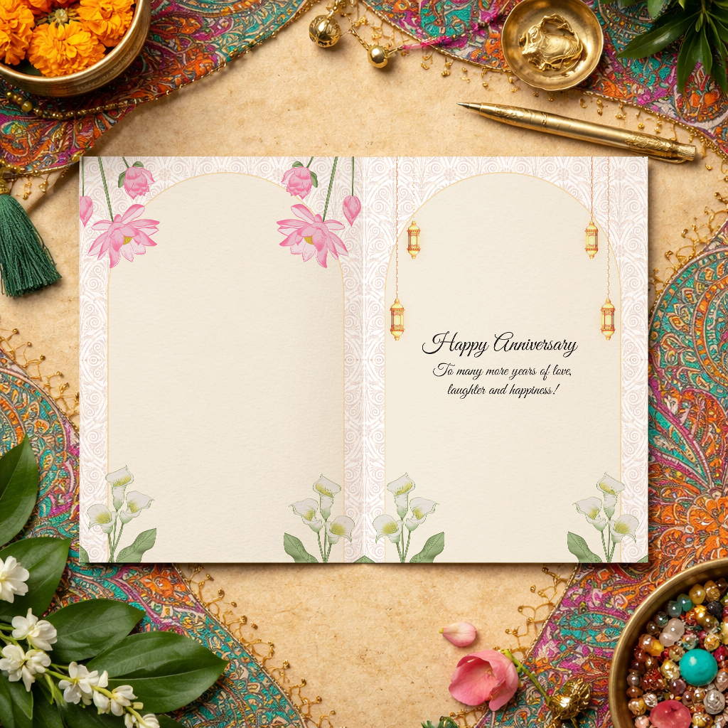 Open Namaskards anniversary card showing a handwritten-style message inside with delicate gold ornamental detail.