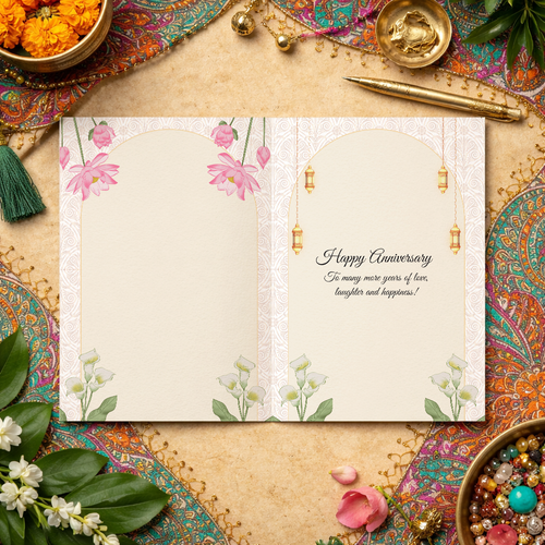 Open Namaskards anniversary card showing a handwritten-style message inside with delicate gold ornamental detail.