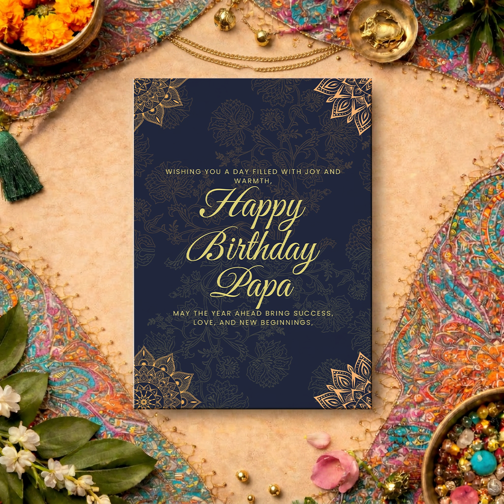 Flat lay of Happy Birthday Papa card - Sampatti Series deep navy with gold mandala corners in South Asian styled flatlay.