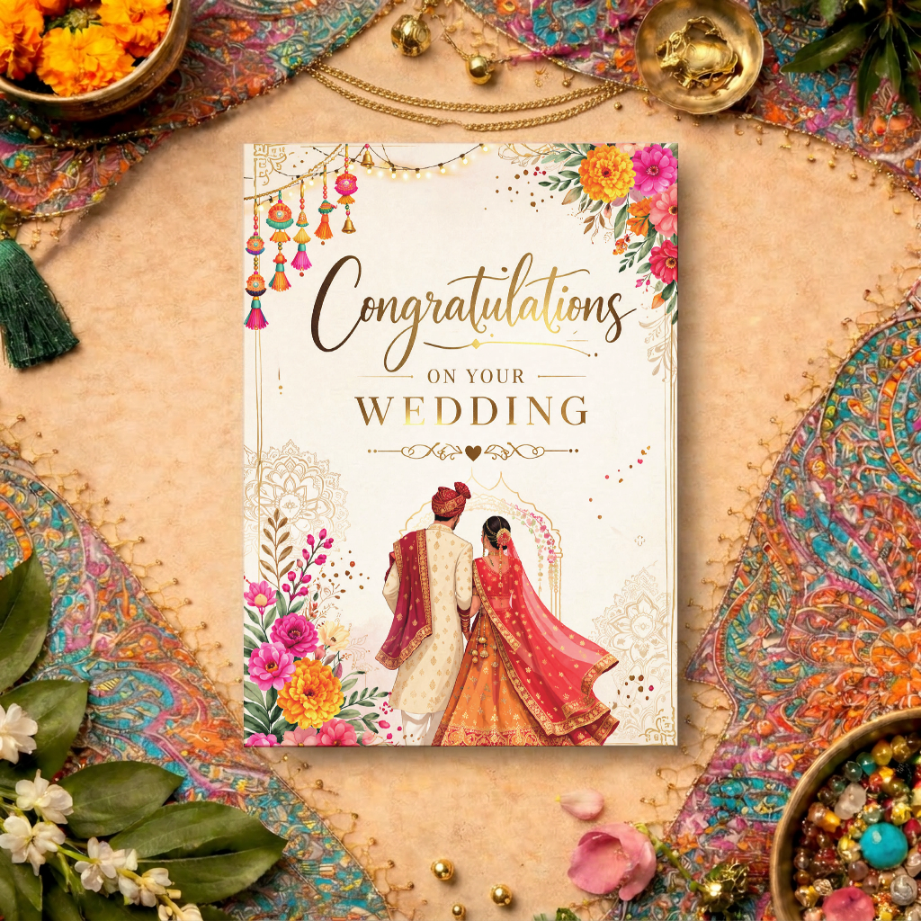 Flat lay of elegant wedding congratulations card - illustrated South Asian couple with soft floral arch and cream background in a South Asian styled flatlay.