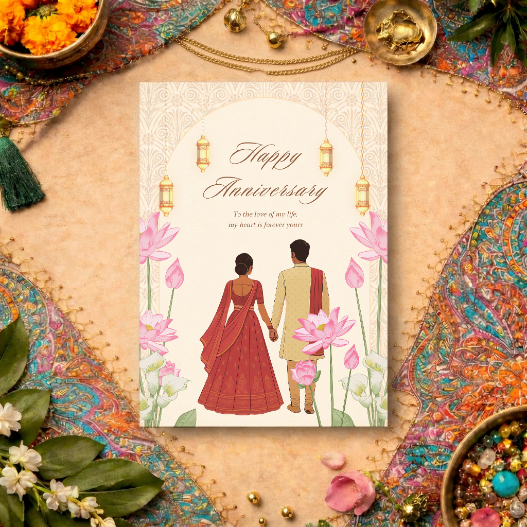 Flat lay of Happy Anniversary card - illustrated South Asian couple with pink lotus flowers, golden lanterns and arch design in a South Asian styled flatlay.