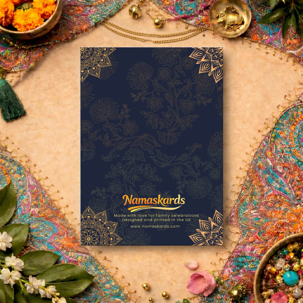 Back of Namaskards Sampatti Series greeting card showing the Namaskards logo and "Made with love for family celebrations. Designed and printed in the UK."